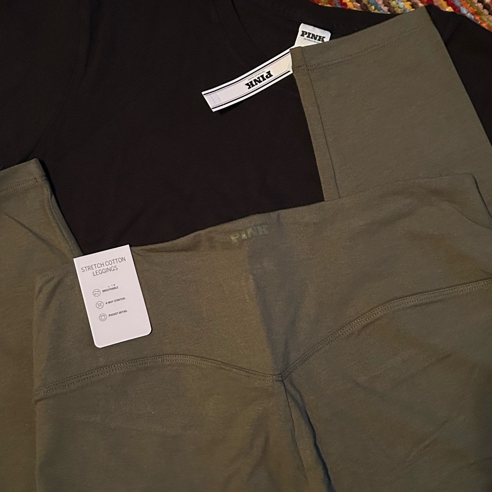 PINK Victoria's Secret cotton tee & leggings bundle size large New black Olive - Picture 7 of 12